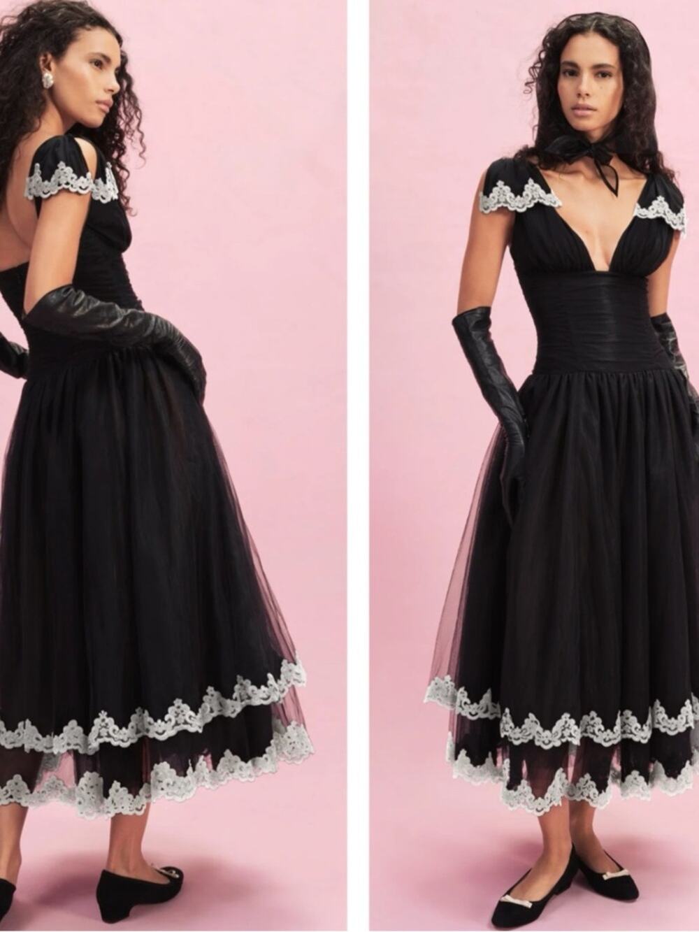 FOR LOVE & LEMONS Nicole Lace Ruched Deep V Tiered Tulle Black Midi Dress Sz 12